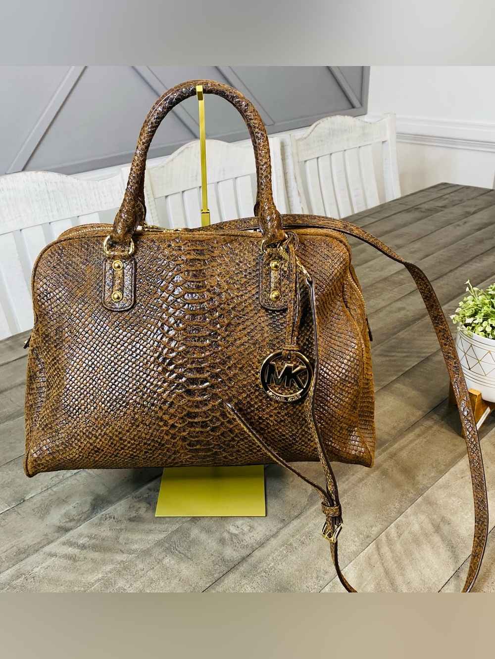 Michael Kors Python Embossed Brown Leather Satchel Crossbody Handbag MK Charm